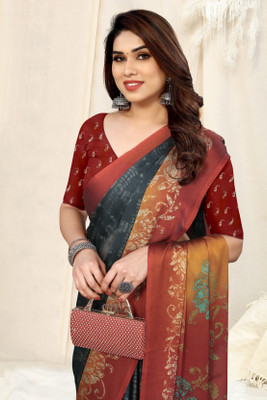 MIRCHI FASHION Printed Daily Wear Chiffon, Georgette Saree(Grey, Orange)