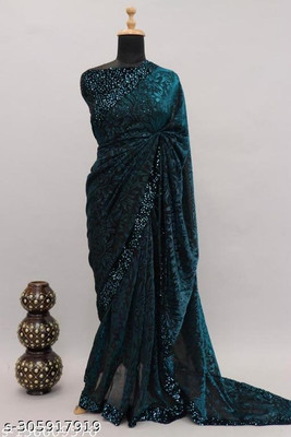 Vragi Printed Bollywood Lycra Blend Saree(Green)