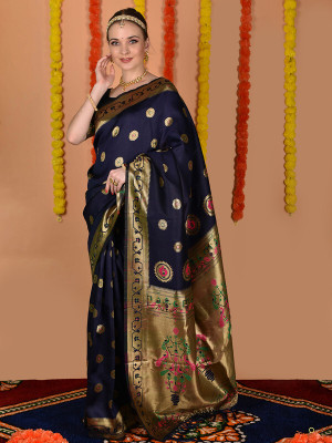 sagarika Woven Paithani Art Silk Saree(Dark Blue)