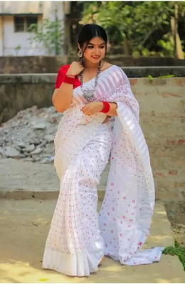 nebadita Self Design Jamdani Cotton Blend Saree(White, Red)