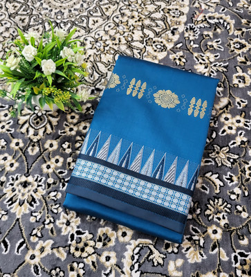 Ss sarees Woven, Temple Border Kanjivaram Silk Blend Saree(Blue, Black)