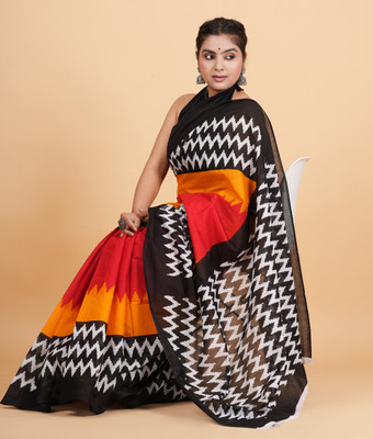 SUNDREESAREE Printed Ikkat Pure Cotton Saree(Black, Red)
