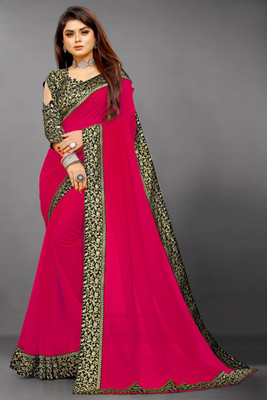 Flip The Style Solid/Plain Bollywood Georgette, Chiffon Saree(Pink)