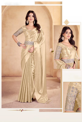 CELEUM Embroidered Bollywood Satin Saree(Beige)