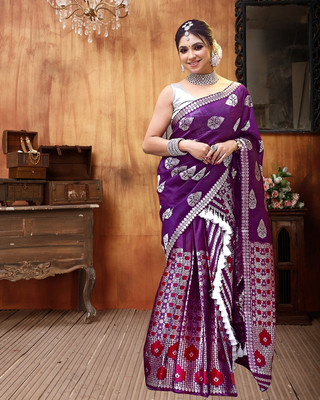 Plothah: Woven, Self Design Mekhela Chador Silk Blend Saree(Purple)