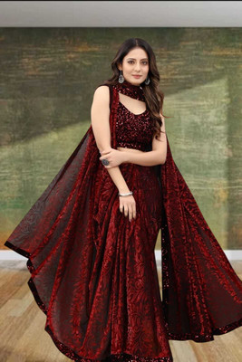 Janvi Boutique Self Design Bollywood Net Saree(Maroon)