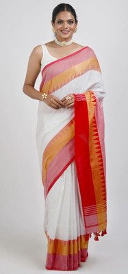 BISWAS SAREE CENTRE Temple Border Handloom Pure Cotton Saree(White, Red)