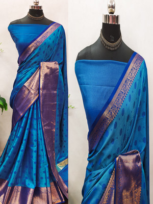 STARWOMEN Embellished Mysore Cotton Silk, Jacquard Saree(Light Blue, Dark Blue, Gold)