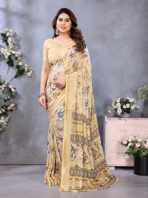 Moda Rapido Floral Print Bollywood Georgette Saree(Beige)