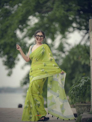 yourwish Printed Bollywood Cotton Blend Saree(Light Green)