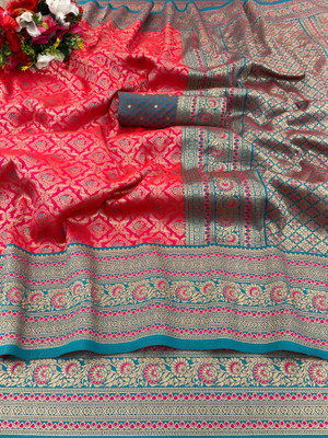 KanjiQueen Woven Kanjivaram Silk Blend, Pure Silk Saree(Light Blue, Red)