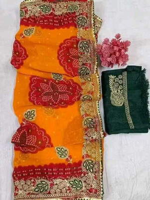 VedikaaFashion Printed, Floral Print, Woven, Embellished Bandhani Georgette Saree(Yellow)