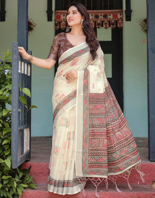all about you Blocked Printed, Geometric Print, Embellished Bollywood Linen Saree(Cream)