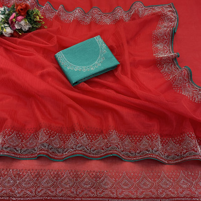 HouseOfCommon Embellished, Solid/Plain Bollywood Supernet Saree(Red)