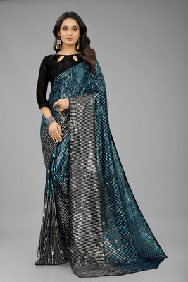 3Buddy Fashion Striped, Embroidered Bollywood Georgette Saree(Light Blue, Grey)