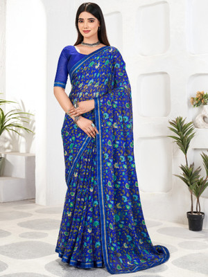 Divastri Floral Print Bollywood Chiffon Saree(Blue)