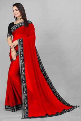 Aai shree khodiyar Solid/Plain, Embellished Daily Wear Georgette Saree(Red)