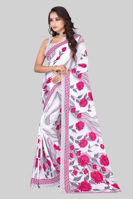 Leelavati Floral Print Bollywood Georgette Saree(White, Pink)