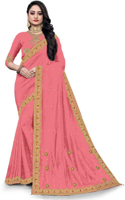 Kaan Self Design, Embroidered, Applique Assam Silk Silk Blend Saree(Pink)