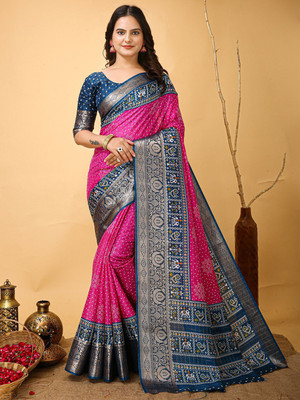 Anouk Rustic Printed Patola Silk Blend Saree(Pink)