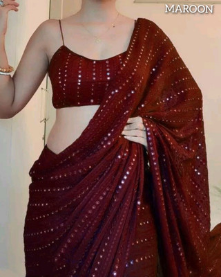 RK Creation Embroidered Kota Doria Georgette Saree(Maroon)