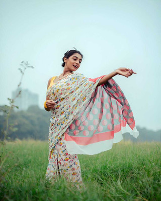 Kiaaa Printed, Floral Print Daily Wear Linen Saree(Multicolor)