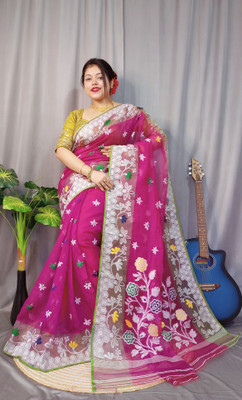 ANU INDIAN FASHION Woven Jamdani Cotton Silk Saree(Maroon, White)