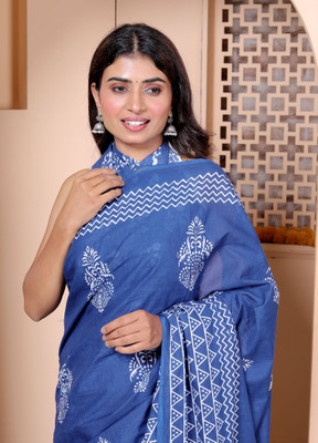 LOVWEAR Printed, Color Block, Floral Print, Geometric Print, Self Design Daily Wear Pure Cotton Saree(Blue)