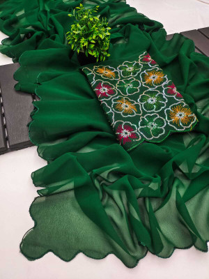 ShopGlobal Floral Print Bollywood Georgette Saree(Green)