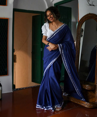 SAPTAK FASHION Solid/Plain Handloom Cotton Blend Saree(Blue, Silver)