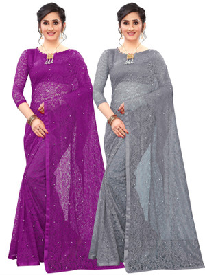 LOROFY Self Design Bollywood Net Saree(Pack of 2, Purple, Grey)