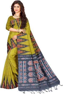 QUETZAL HANDLOOM SAREE Printed Sambalpuri Pure Cotton Saree(Yellow)