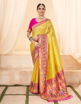 Samah Woven, Ombre, Embellished Paithani Silk Blend, Jacquard Saree(Yellow, Gold)