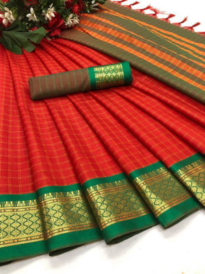 JbWorld Checkered, Woven, Embellished Gadwal Cotton Silk, Pure Silk Saree(Red, Green)