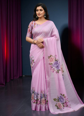 Myraani Floral Print Daily Wear Cotton Linen Saree(Pink)