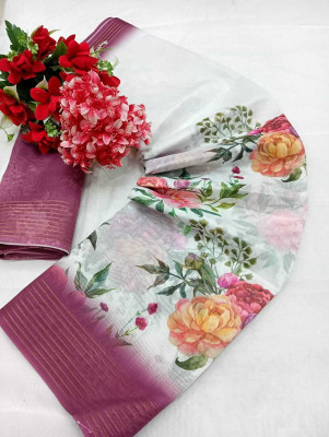 HangerStories Floral Print Kanjivaram Chanderi, Pure Silk Saree(White, Magenta)