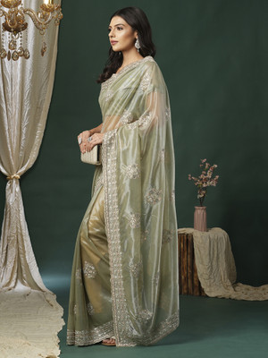 ANOUK Embroidered Bollywood Net Saree(Light Green)
