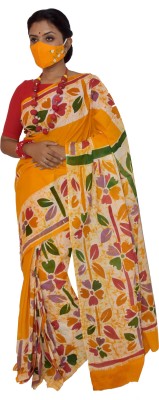 KheyaliBoutique Hand Painted Hand Batik Pure Cotton Saree(Yellow)