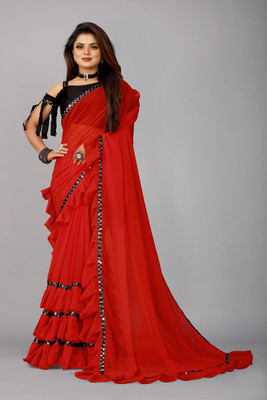 LIMTD Solid/Plain Bollywood Georgette, Chiffon Saree(Red)