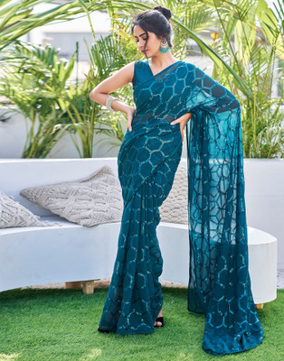 Samah Dyed, Embellished, Embroidered Bollywood Georgette Saree(Blue)