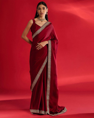 womensaree Solid/Plain, Embroidered Bollywood Satin Saree(Red)