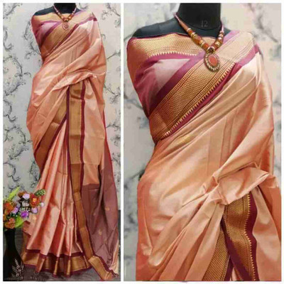NST5 Self Design, Embellished, Woven Paithani Tissue, Cotton Silk Saree(Cream, Pink)