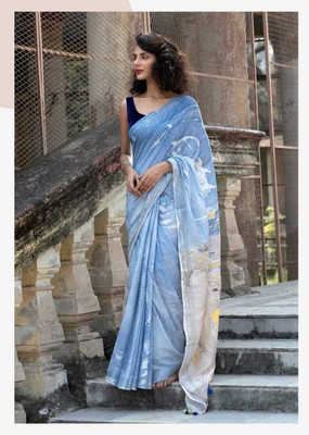 Luxury Silk Printed Bhagalpuri Handloom Cotton Blend Saree(Blue)