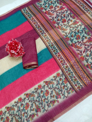 HangerStories Printed Kanjivaram Linen, Cotton Linen Saree(Magenta)