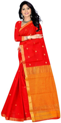 Matangi Exporter Self Design Banarasi Cotton Blend Saree(Red)