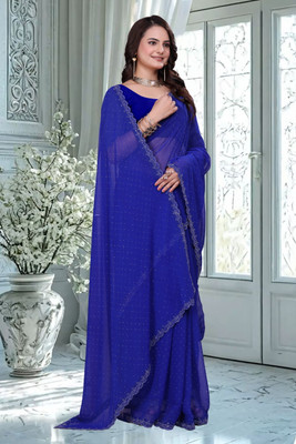 Divine Fabrics Embellished Bollywood Georgette Saree(Blue)