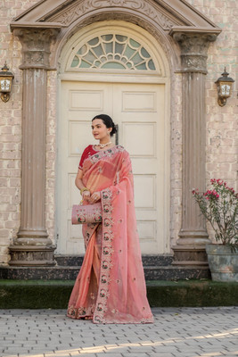SWASTICCREATION Embroidered Bollywood Net Saree(Pink)