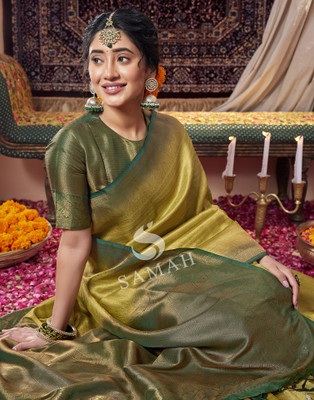 Samah Woven, Embellished, Self Design Banarasi Art Silk Saree(Green, Gold)