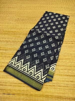 Sareestri Printed Chanderi Cotton Blend Saree(Dark Blue)