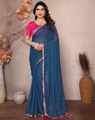 YASHIKA Printed Bollywood Georgette, Lace Saree(Blue)